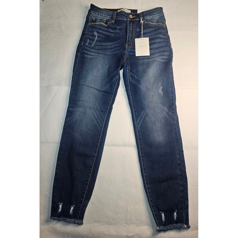 Kancan Women High Rise Ankle Skinny Jean Medium Wash Distressed Frayed Hem 11/29